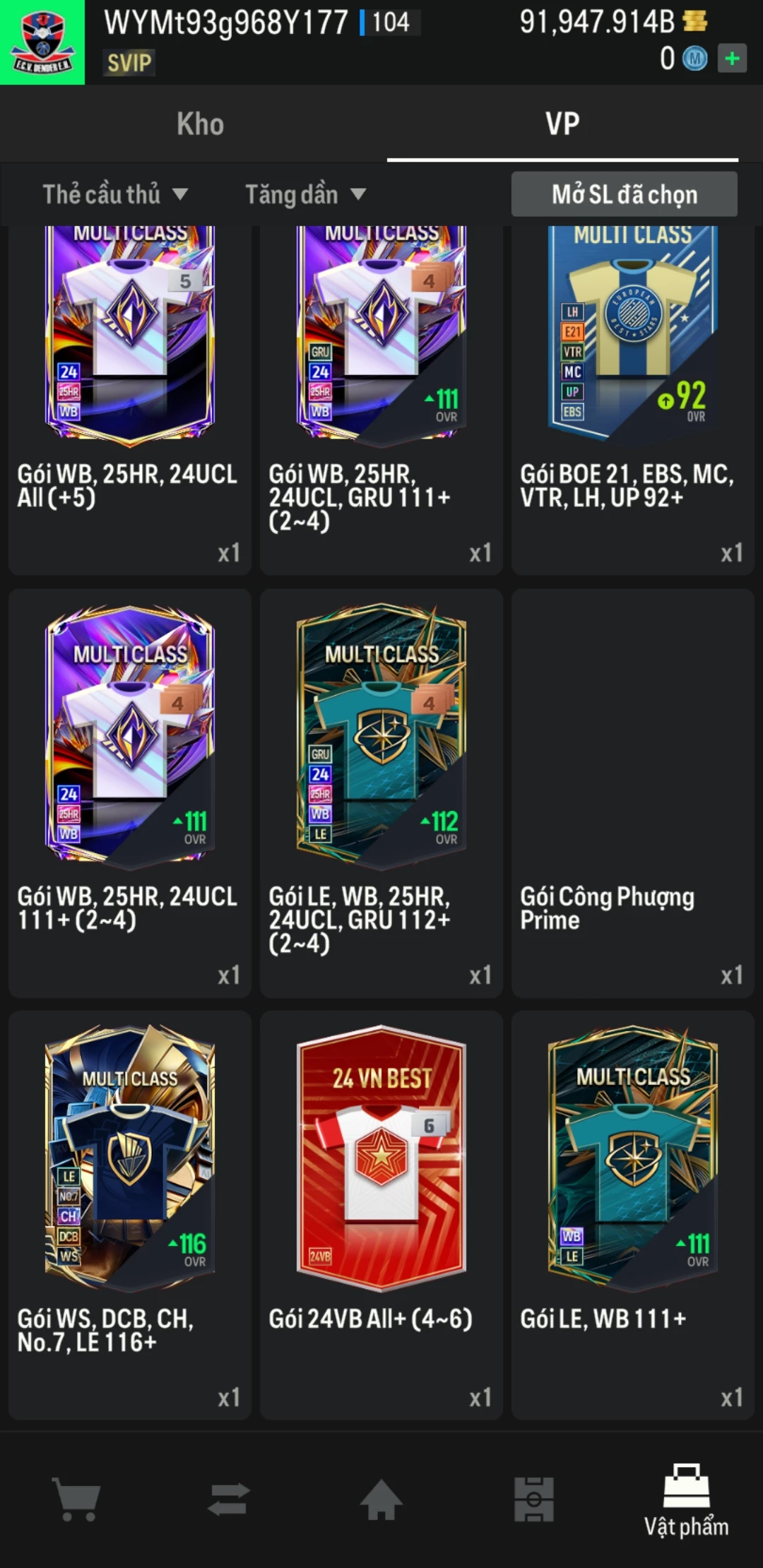 Ảnh ACC mở thẻ (LOẠI SUPER VIP) bao gồm có hơn 900+ đến 1100+ thẻ cầu thủ từ Siêu sao đến Miền núi các loại (ngẫu nhiên có: 01 thẻ +12 và 03 thẻ PRIME QH, XS, CP...) Acc có sẵn BP trắng từ 80.000 tỷ BP đến 120.000 tỷ BP kèm theo nhiều ngày SVIP